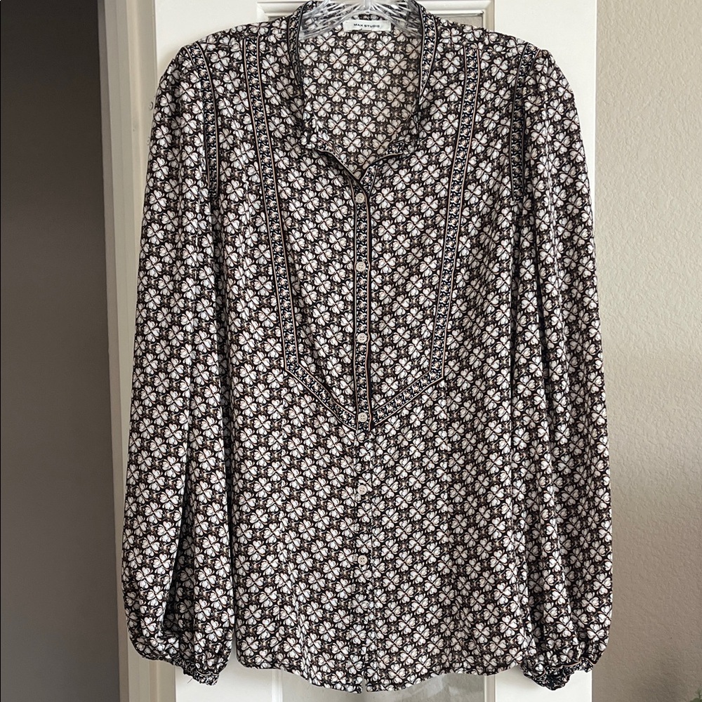 Max Studio Blouse Large Black Cream Long Sleeve Button Down Lightweight